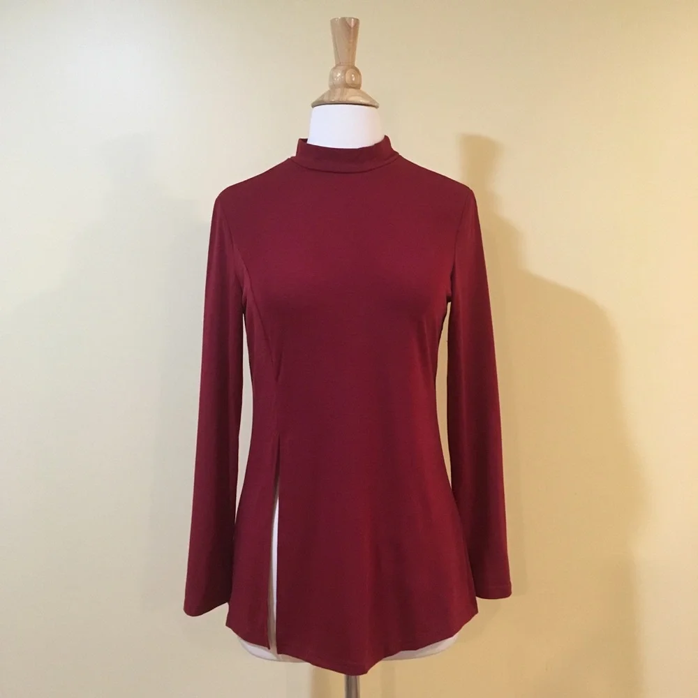 💥 SALE Side Split Mock Neck Long Sleeve Knit Top Burgundy - Picture 5 of 9